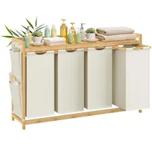 Songmics Wäschekorb 4 Fächer, Bambus, Wäschesammler 200 L, Wäschesortierer, mit Ablage, Wäschesack, kleine seitliche Taschen, Wäscheregal, 4 x 50 L, 124,6 x 33 x 78 cm, cremeweiß