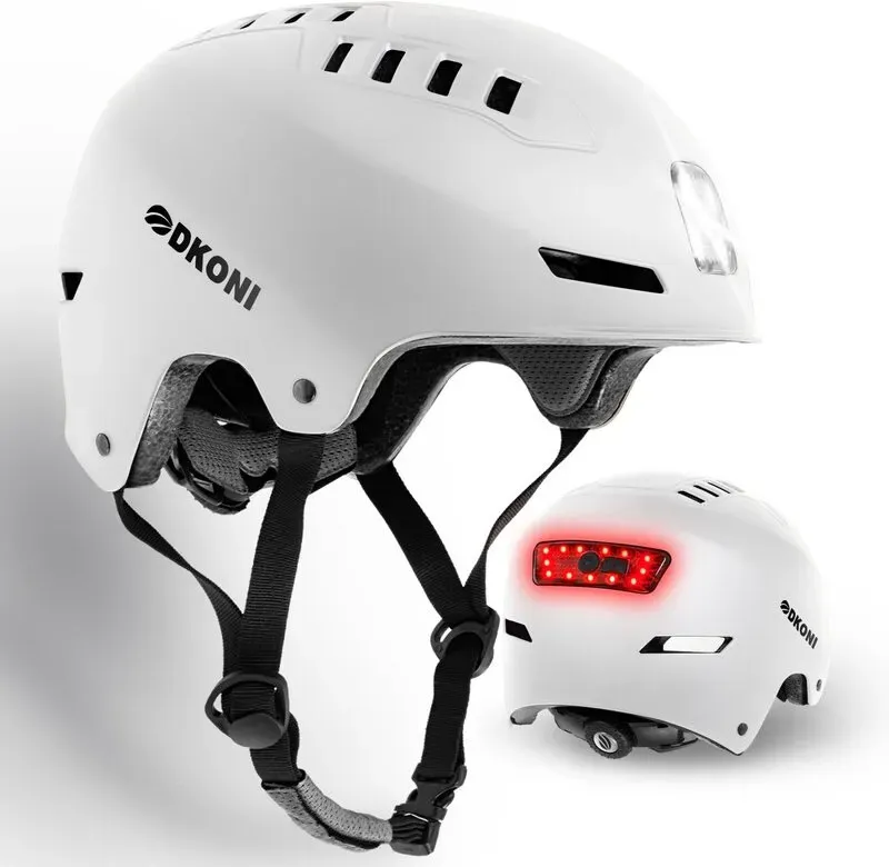 DKONI HS-158 Erwachsenen-Fahrradhelm, USB wiederaufladbar, mit Vorder- und Rücklicht, für Männer und Frauen, weiß, Größe L (56-61 cm)