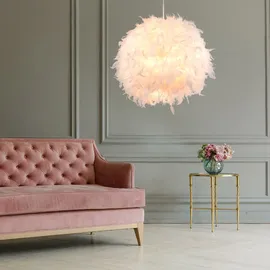 GLOBO LED Pendellampe dimmbar mir Fernbedienung LED Hängelampe Federlampe Schlafzimmerlampe Wohnzimmer, Textil weiß Federn, 8,5W 806m warmweiß, DxH 60x130 cm
