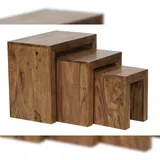 KADIMA DESIGN 3er Set Satztisch Massiv-Holz Wohnzimmer-Tisch Landhaus-Stil Beistelltisch dunkel-braun