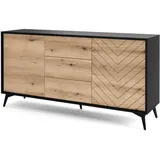 Selsey Boulia - Sideboard mit 3 Schubladen, Schwarz mit Fischgrätfronten in Eiche, 154 cm
