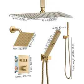 Vevor Duschsystem-Set mit 12 Zoll Regenduschsystem / 6 Zoll Wandmontagekopf / 2 in 1 Handbrause, drehbarer Doppelregenkopf (3 Funktionen), Messingventil und Verkleidungssatz, gebürstetem Gold
