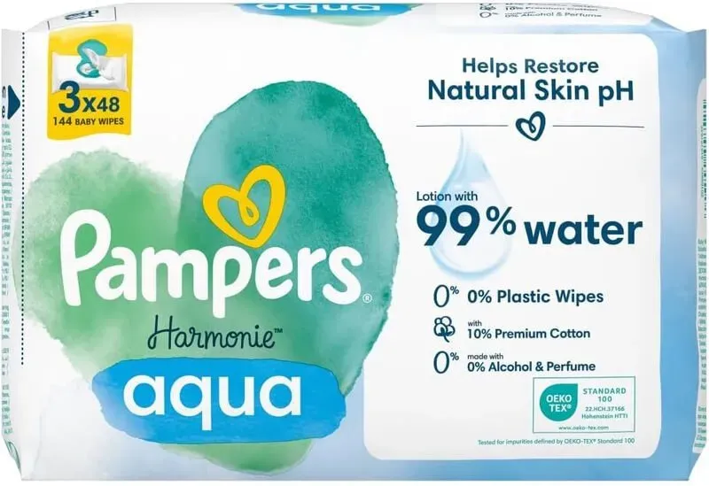 Pampers Harmonie Aqua Babyfeuchttücher, plastikfrei, 3 x 48 Tücher (144 Stück insgesamt)
