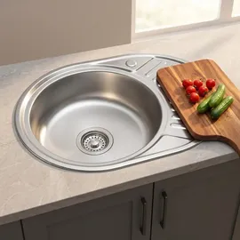 MuCoLa Edelstahlspüle rund links Einbauspüle silberfarben Handbetätigung 570 x 450 mm