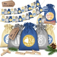 KESSER KESSER® Adventskalender zum Befüllen 24 Jutebeutel Gedruckte Stoffbeutel Kinder Weihnachtskalender zum Selber Befüllen Inkl.. 24x Schildchen + 1... - Blau