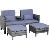 Outsunny 3-TLG. Gartensofa Gartenmöbel Lounge Gartenset Rattenmöbel Sitzgruppe Grau Polyrattan + Metall 2er-Sofa 2 x Hocker Kissen