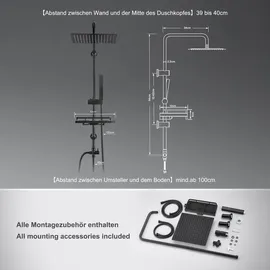Görbach Regendusche Duschsystem mit Ablage, Edelstahl Duschset ohne Armatur mit Duschkopf, Duschstange, Duschschlauch, XXL Kopfbrause Schwarz (30x30cm)
