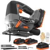 Fexrror Akku Stichsäge mit LED-Licht, 5×Stichsägeblätter, 0°-45° Fasenschnitte, 2×2,0 Ah Akkus, Blattschnellwechsel, für Holz/PVC/Metall/Sperrholz