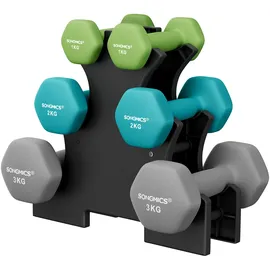 Songmics Kurzhantel Set Hexagon mit Hantelständer 2 x 1 kg, 2 x 2 kg, 2 x 3 kg limettengrün, aquamarin, grau