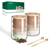 twoant Latte Macchiato Gläser Set (2 x 400ml) Doppelwandige Gläser Doppelwandige Kaffeegläser Teegläser Cappuccino Gläser Eiskaffee Gläser Thermogläser Doppelwandig Espressotassen Glas mit 2 Löffeln