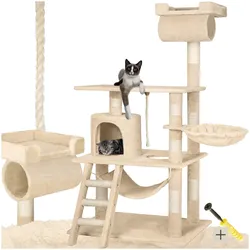 tectake® Kratzbaum, 141 cm, mit Katzenhaus, inklusive Spielkordel und Kippschutz