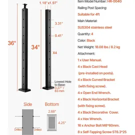Vevor Kabelgeländerpfosten, 4er-Pack, 914x25,4x50,8 mm, vorgebohrte horizontale Löcher, Edelstahl SUS304, gebogene horizontale Halterung, für Handlauf, Balustrade, schwarz, 4JZLGZXHS914UUOI6001V0