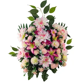 DRW Kunstblumenzentrum Rosa für Friedhof, Hochzeit, Kirche mit Lilien, Dahlien, Chrysantheme 60 x 68 x 24 cm