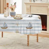 Segelboot Tischdecke Abwaschbar Oval, Gartentischdecke für Outdoor StreifenMarin, Tischdecke Muschel Hellblau Wasserabweisend, Tischtuch für Küche, Restaurant (160x260 cm) FD38