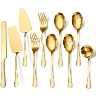 Jxkgenix Besteck Servierset 10 Stück, Hochzeits tortenmesser Servierset beinhaltet Servierlöffel, geschlitzte Löffel, Serviergabel, Tortenhebe (Golden)