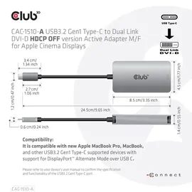 Club 3D DVI-D Adapter USB Typ-C auf Dual Link 0,25 m Grau