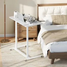 Costway Schreibtsich C-förmig mit Rollen, 70-106 cm höhenverstellbar, Kleiner Computertisch mit Metallrahmen, mobiles Stehpult, Laptoptisch, Weiß - Weiß
