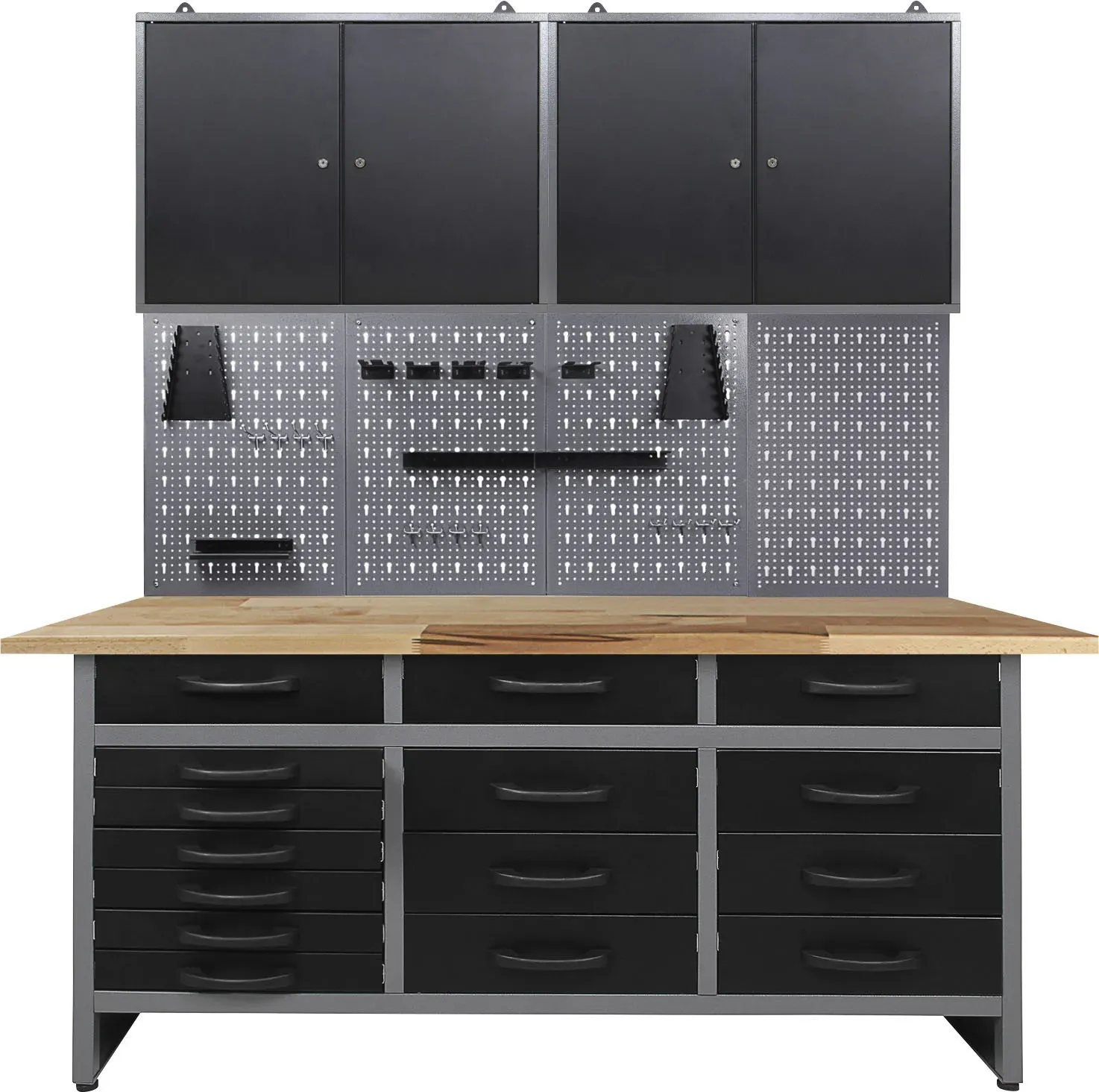 Werkstatt-Set ONDIS24, schwarz (anthrazit, schwarz, grau), B:160cm H:205cm T:60cm, Edelstahl, Werkbänke, 160 cm