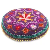 Orientalischer runder pouf aus Baumwolle 75cm inklusive Füllung | Marokkanisches Sitzkissen Sitzpouf Kissen rund Mirza -1- ø 75cm Rund | Orientalisches rundes Yogakissen Meditationskissen bestickt