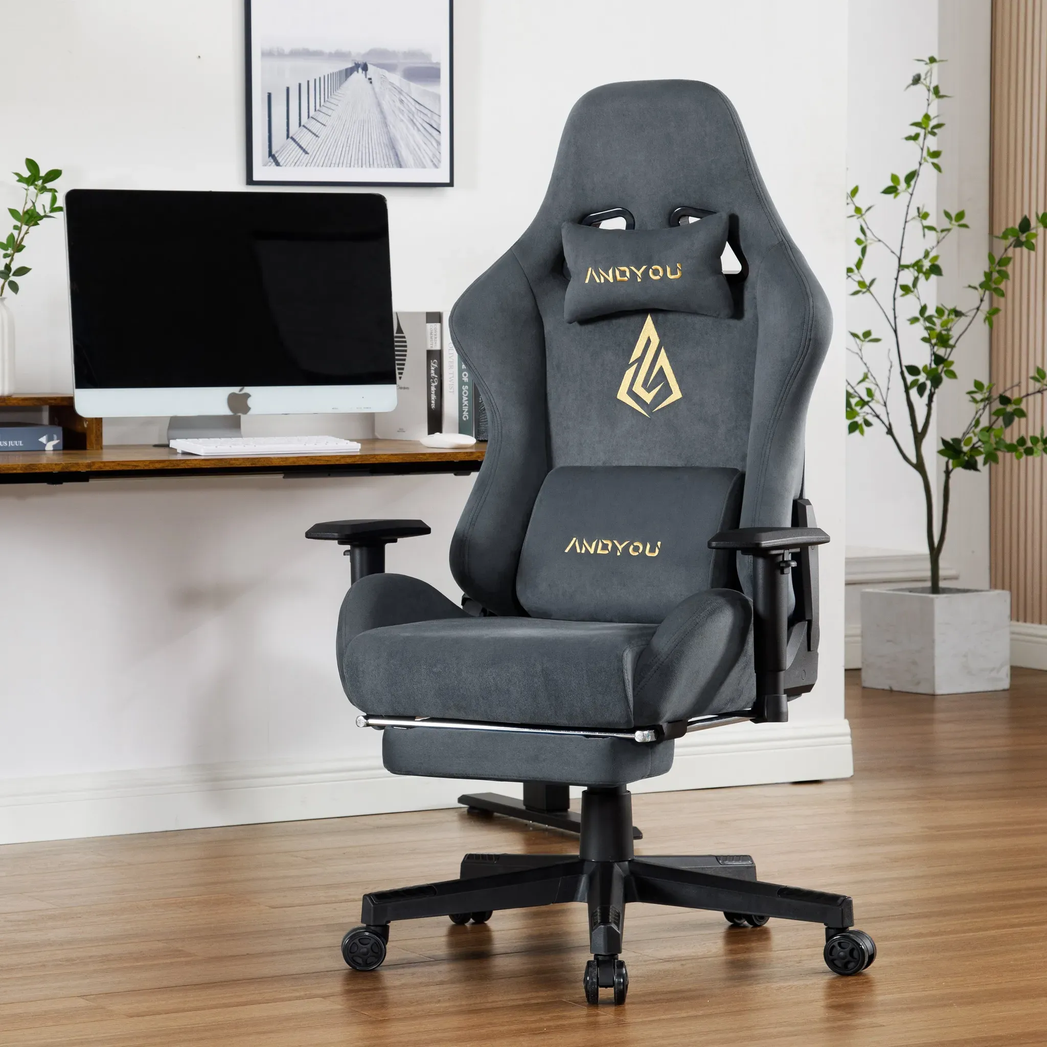 ANDYOU Breathable Gaming Chair with Footrest, Adjustable and Rotating, Grey