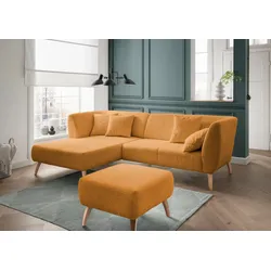Ecksofa INOSIGN "Colori L-Form", gold, B:264cm H:80cm T:160cm, 100% Polyester, Sofas, Holzfußfarbe wählbar, inkl. 4x Zierkissen