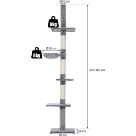 PawHut Kratzbaum Deckenhoch höhenverstellbar, stabiler Katzenbaum mit Sisalsäulen, Katzen Kletterbaum, Grau, 40 x 34 x 230-260 cm