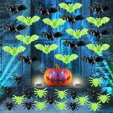 NEERIX 80 Stück Halloween Deko Set,30 Spinne und 30 Leuchtendes Spinnen,10 Fledermäusen und 10 Leuchtendes Fledermäusen,Spinnen Fledermäuse Set Grusel Deko für Halloween Party Deko Garten Karneval