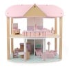 Coemo Puppenhaus, (möbliertes Puppenhaus Holz, 24-tlg), Puppenhaus Puppenstube aus Holz, komplett mit Möbel und Zubehör beige|rosa