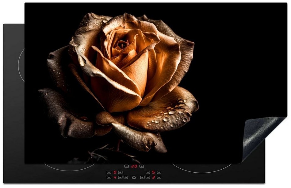 MuchoWow Herdblende-/Abdeckplatte Rose - Gold - Floral - Botanisch Schwarz, Vinyl, (1 tlg), 83x51 cm, Ceranfeldabdeckung, Arbeitsplatte für küche bunt 83 cm x 51.5 cm x 0.3 cm