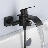 KULACO Badewannenarmatur Wasserfall Schwarz, Mischbatterie Badewanne Wannenbatterie, Armatur Badewanne Duscharmatur für Wandmontage, Messing Wasserhahn Badewanne mit Druckschalter
