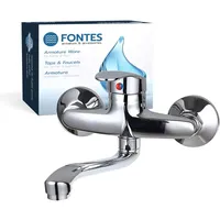 FONTES Wandwasserhahn Chrom, Spültischarmatur 360°, Wandarmatur für Küche/Ausgussbecken, Mischbatterie für Wandmontage, Drehbare Wasserhahn Küche, Kalt und Heiß Einhebelmischer, Schwenkarm 20cm
