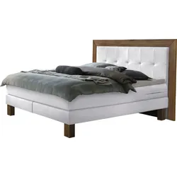 Boxspringbett HASENA "Rustico", weiß (weiß, wildeiche natur), B:204cm L:206cm, Komplettbetten, Boxspringbett, Umrandung in Wildeiche, Punktsteppung im Kopfteil, Federkernmatraze