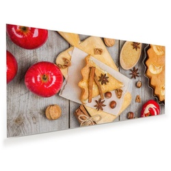 Primedeco Glasbild Wandbild Vorbereitung Apfelkuchen mit Aufhängung, Früchte rot 120 cm x 60 cm
