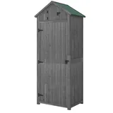 Outsunny Abstellschrank Holz, Schuppen Wetterfest 77x54,2x179cm, Gerätehaus Mit Tür Und Satteldach, Regalschrank Mit Böden, Werkzeugschuppen Für Garten, Terrasse, Grau+grün