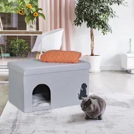 Relaxdays Katzenhöhle faltbar, 100kg belastbare Sitzbank, Deckel, Kissen, Hbt: 40,5 x 72 x 40,5 cm, Tierversteck, grau
