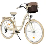 MILORD Damenfahrrad Citybike Komfort Mit Metallkorb Hollandrad Vintage Fahrrad, 26, 28 Zoll, 7-Gang (Creme-Braun, 28 Zoll)