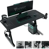 SENSE7 Nomad Cybernetic Gaming Tisch 140x60, PC Tisch mit Kopfhörerhaken, Getränkehalter, Controller Halter, Gaming Computertisch mit Kohlefaseroberfläche, Ergonomischer Gaming Desk