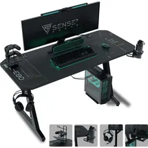 SENSE7 Nomad Cybernetic Gaming Tisch 140x60, PC Tisch mit Kopfhörerhaken, Getränkehalter, Controller Halter, Gaming Computertisch mit Kohlefaseroberfläche, Ergonomischer Gaming Desk