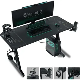 SENSE7 Nomad Cybernetic Gaming Tisch 140x60, PC Tisch mit Kopfhörerhaken, Getränkehalter, Controller Halter, Gaming Computertisch mit Kohlefaseroberfläche, Ergonomischer Gaming Desk