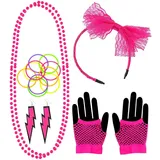 W WIDMANN MILANO Party Fashion - Verkleidungsset 80er Jahre Mode, Neon, Haarreif, Perlenketten, Ohrringe, fingerlose Netzhandschuhe, 10 Armbänder, Disco, 80s, Karneval, Mottoparty