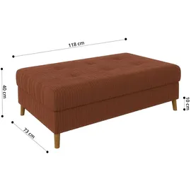 s-style möbel - Ecksofa mit Schlaffunktion und Hocker mit Braun Holzfüßen im skandinavischen Stil aus Terrakotta Cord-Stoff, Ottomane links - Orange