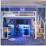 Odikalo Hochbett Kinderbett Jugendbett 90x200 140x200 mit Schreibtisch, LED (Metallbett, Eisenrahmen, Ablagefach, Treppenkonstruktionen mit Stauraum, Sicherheitsgeländer, mit LED-Lichtleiste, Schreibtisch, mit USB-Anschluss, ohne Matratze, Schwarz / Weiß) 140 cm x 200 cm