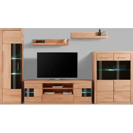Home Affaire Wohnwand HOME AFFAIRE "Ribe Wohnwand Set-5 St.", beige (kernbuche teilmassiv), B/H/T: 297cmcm x 180cmcm x 35cmcm, Kastenmöbel-Sets, Wohnwand, Glaseinsatz aus gehärtetem Glas,Böden teilweise versetzbar