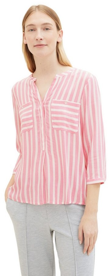 TOM TAILOR Blusenshirt Gestreifte 3/4 Arm Bluse V-Ausschnitt Tunika Shirt 4654 in Pink weiß M (38)