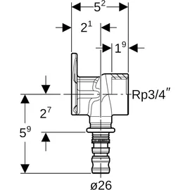 Geberit Anschlusswinkel Mepla d= 26mmxRp 3/4x52mm, 90Grad, Rotguss