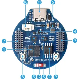 Waveshare ESP32-S3, 1.28 Zoll IPS LCD, WiFi / BT, 240x240, 6-Achsen IMU, 32-bit LX7 Dual-core, rund