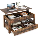 Couchtisch höhenverstellbar, Sofatisch mit anhebbarer Tischplatte & 2 Schubladen, ausziehbarer Wohnzimmertisch Kafeetisch aus Holz für Wohnzimmer und