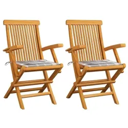 vidaXL Gartenstühle Graue Karomuster-Kissen 2 Stk. Massivholz Teak