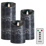 3er SET! Sompex Flame LED Echtwachs Kerze / Kerzen FERNBEDIENBAR V14 Anthrazit (Schwarz Grau) 8 x 12,5cm - 8 x 18cm - 8 x 23cm - MIT FERNBEDIENUNG! Bundle inklusive Fernbedienung! (3er Set)