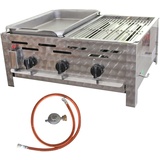 BSR-Grillen 3-flammiger Profi Gasgrill aus Edelstahl, stufenlos regelbar, Gasbräter, Gastrogrill, Gastrobräter mit Gasschlauch und Druckminderer (13,5 kW | 1/2 Pfanne und 1/2 Grillrost)